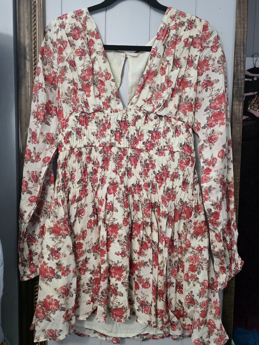 Free People Cream Dress with Red Floral Print Long Sleeves